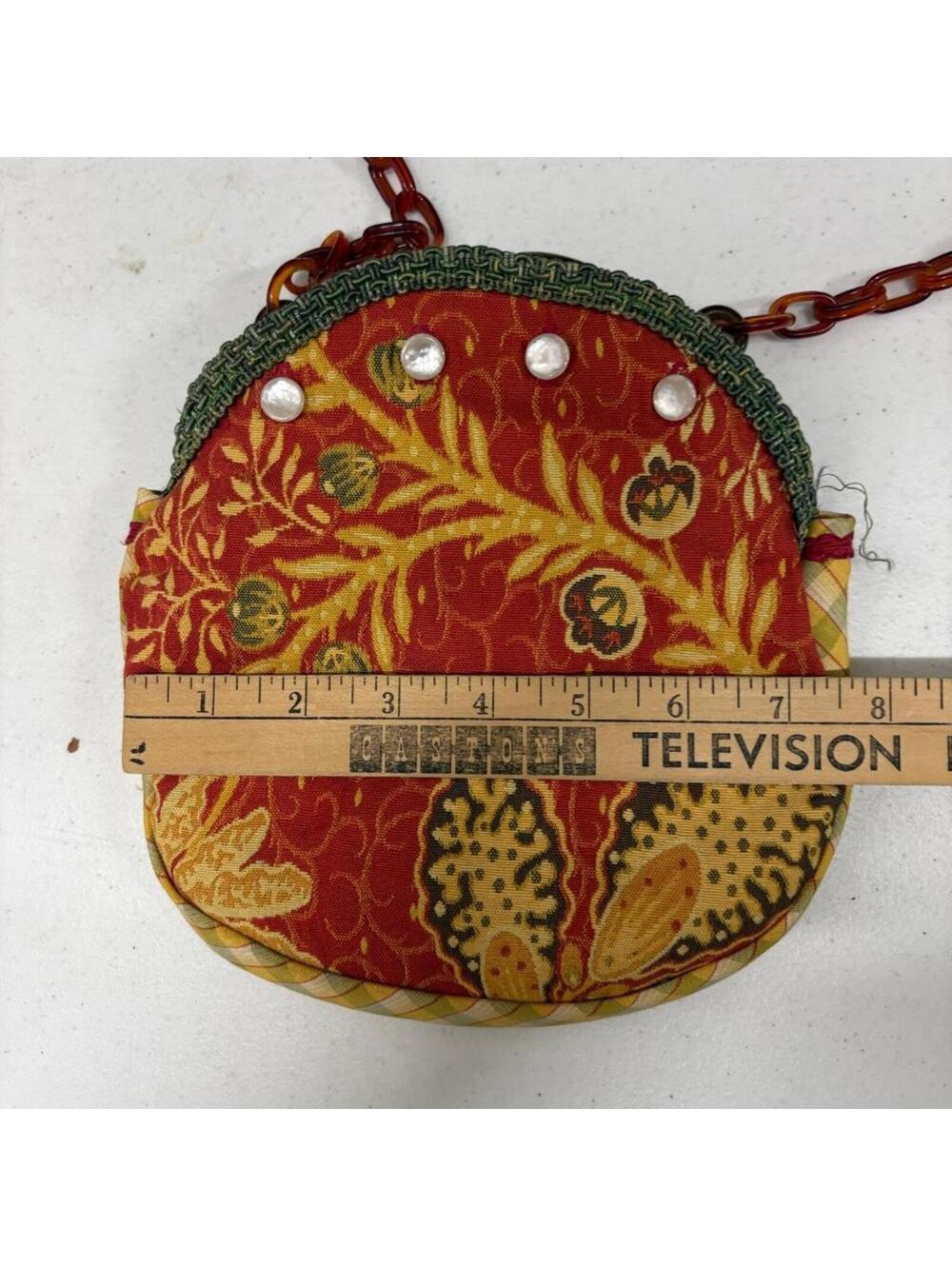 Vintage Handmade Fabric Purse Red Yellow Floral Pattern Tortoiseshell Chain - Picture 3 of 7